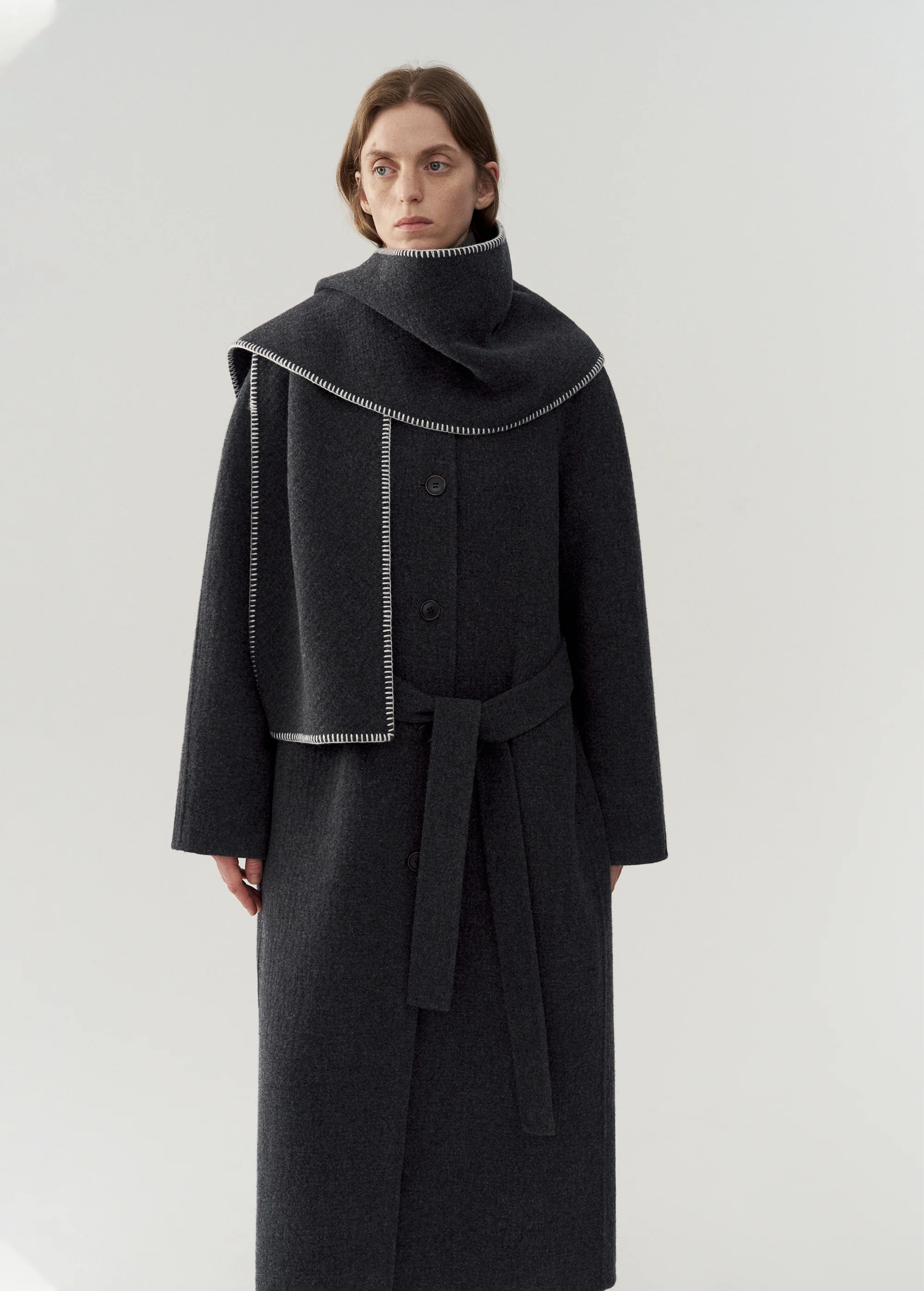 Scarf Collar Long Coat in Wool - Image 16